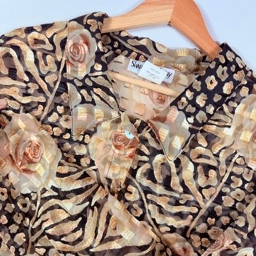Sharon Anthony Blouse Women 3X Brown Animal Floral Burnout Mob Wife Eclectic Vtg